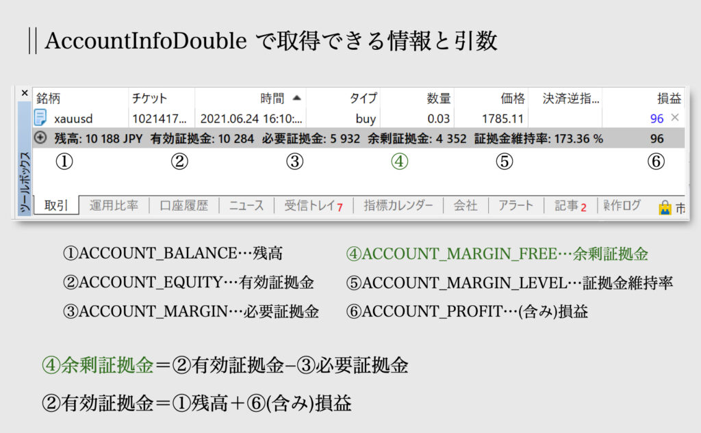 AccountInfoDoubleの引数と取得情報